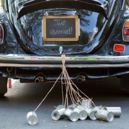 Just Married Sign And Cans Attached