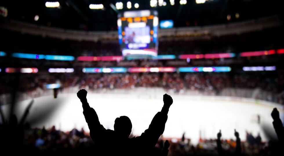 A fan celebrating in a hockey arena