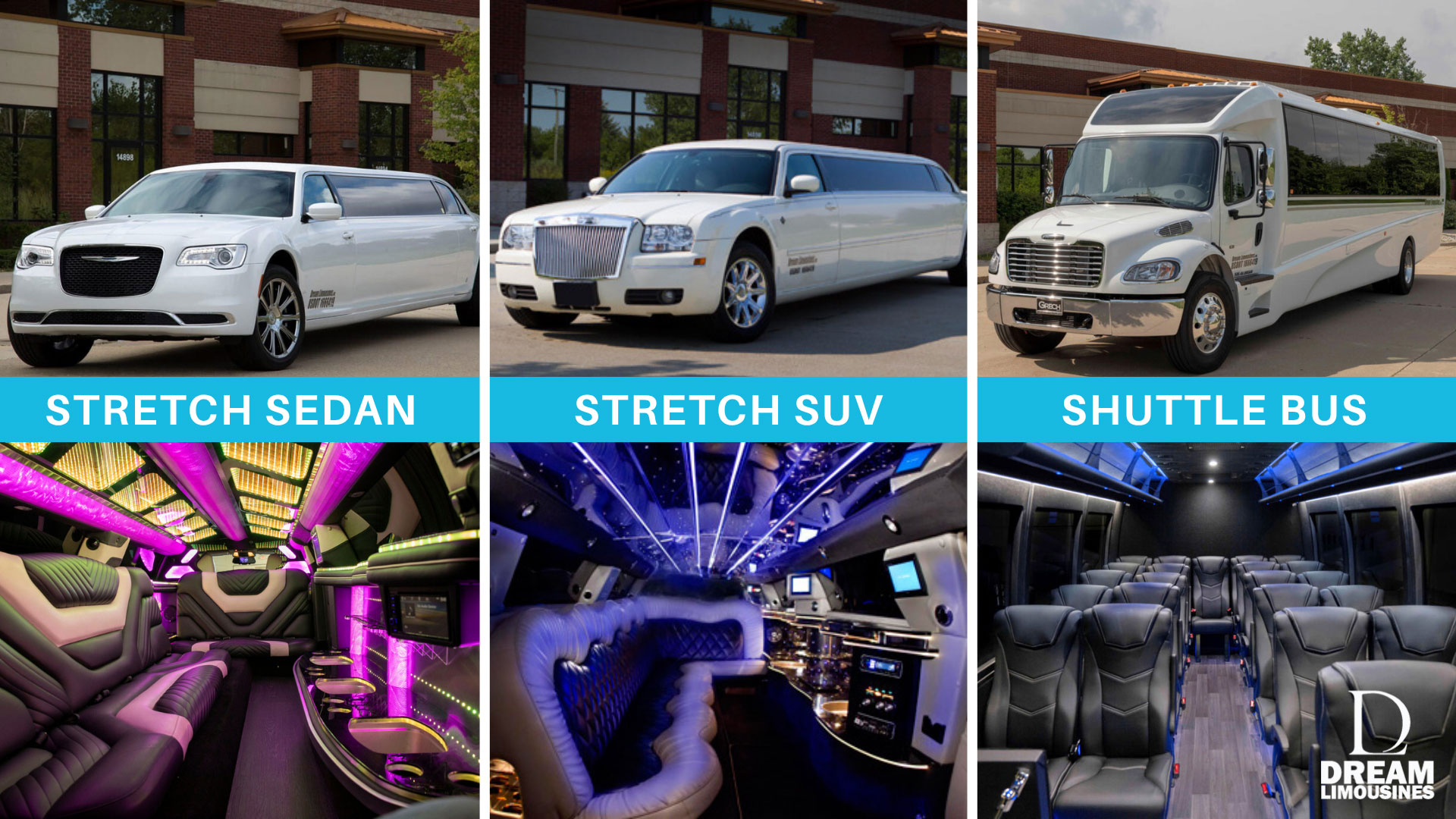A photo collage showcasing the exterior and interiors of three types of luxury transportation options: a stretch sedan, stretch SUV, and shuttle bus.